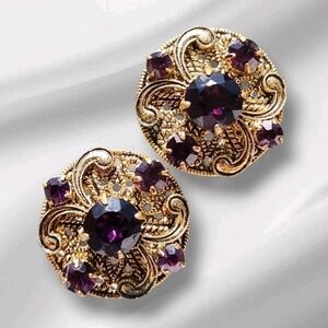 Vintage Gold Tone Filigree Clip On Earrings Purple Rhinestone Ornate Floral